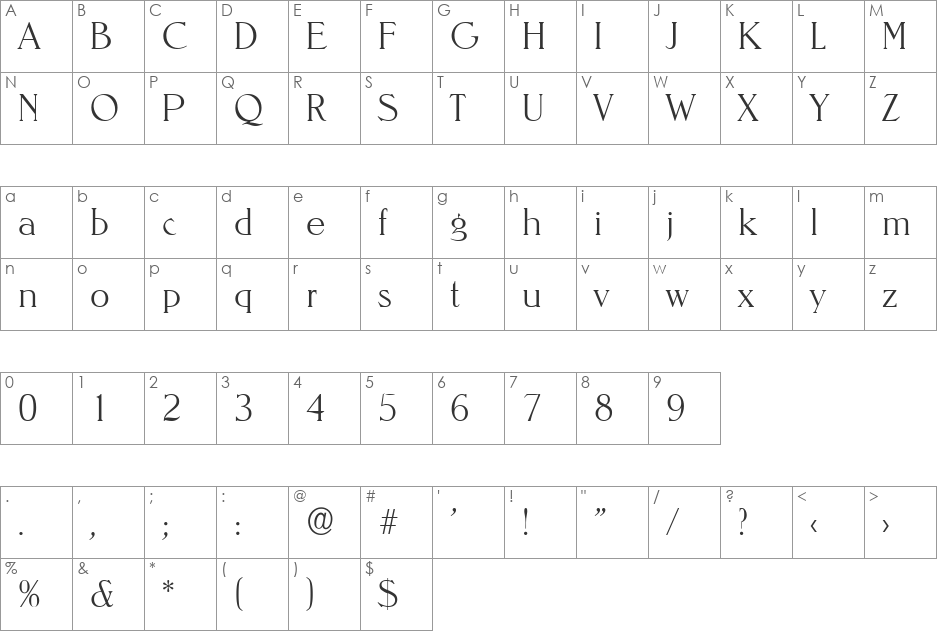 RonaldBecker-ExtraLight font character map preview