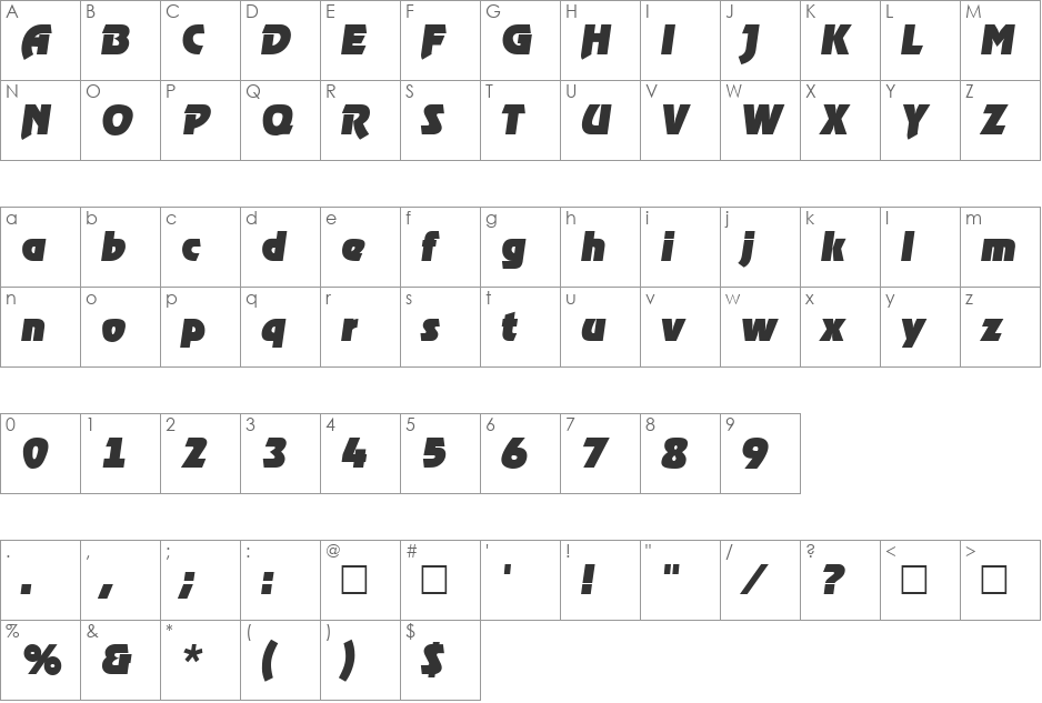 RoostItal font character map preview