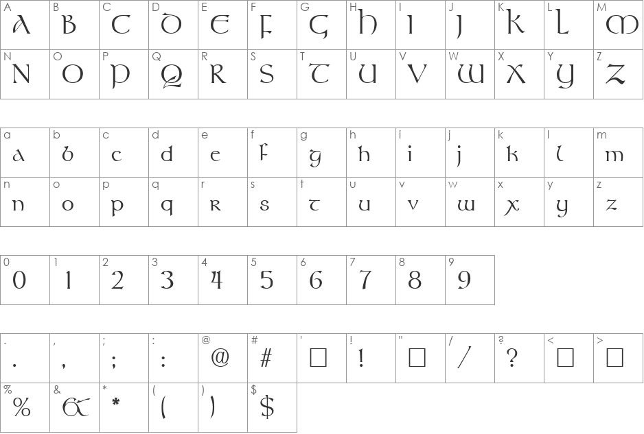 Rosslaire font character map preview