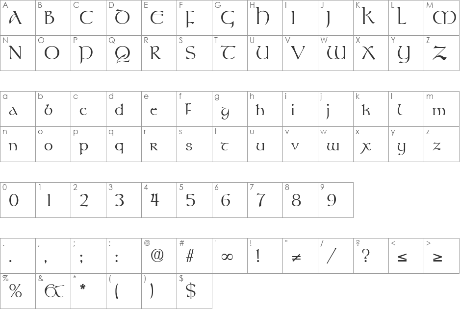Rosslaire DB font character map preview
