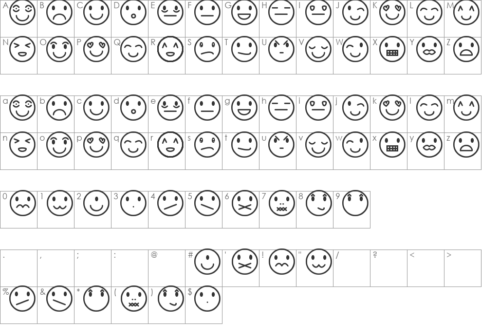 Rostros y emociones font character map preview