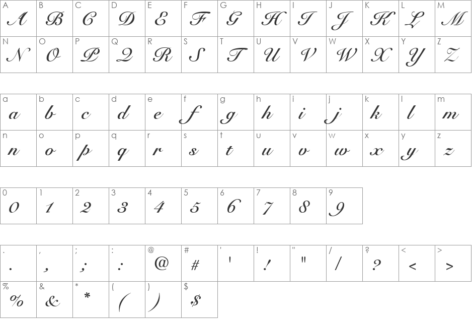 Roundhand font character map preview