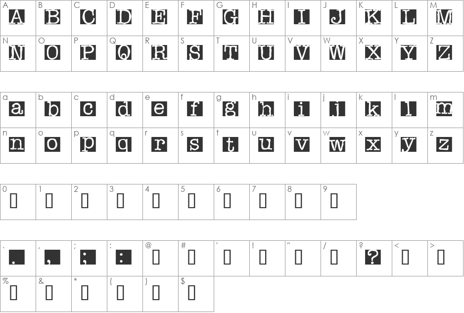 Rubberstamp font character map preview