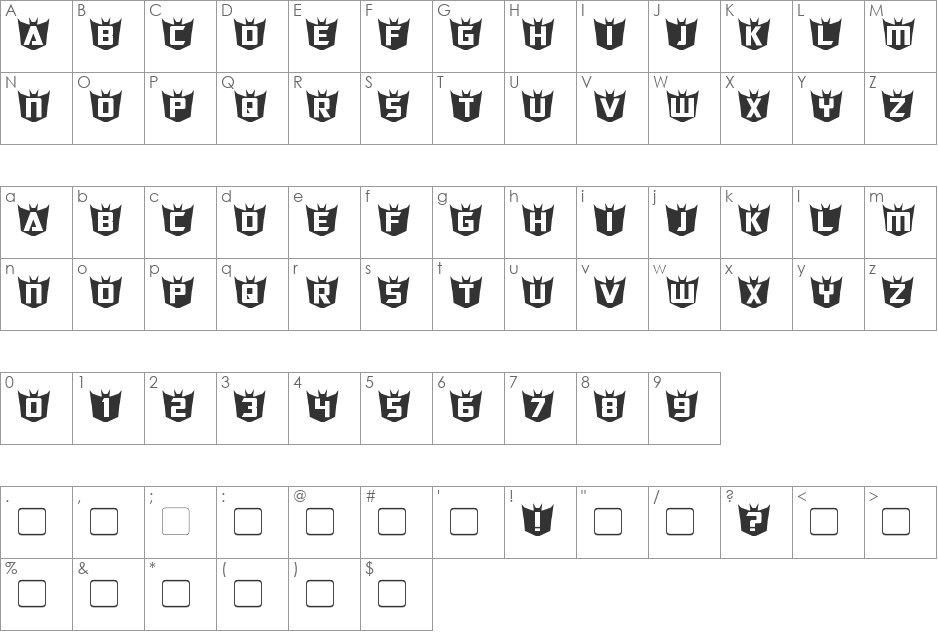 RubCaps Decepticon font character map preview