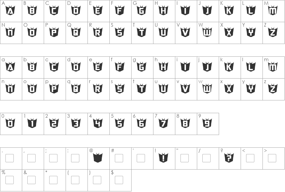 RubCaps Destron font character map preview