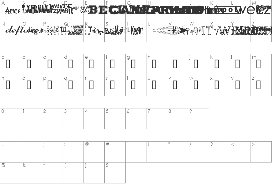 Bandnames font character map preview