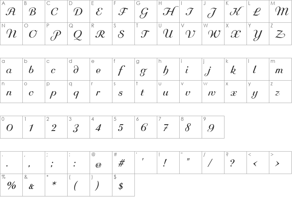 Rundkursiv font character map preview