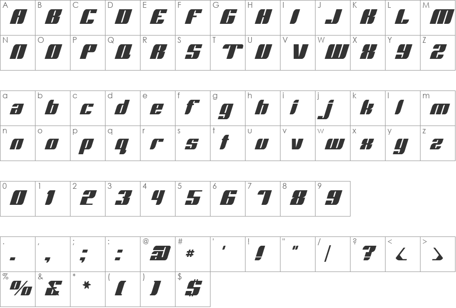 Runway font character map preview