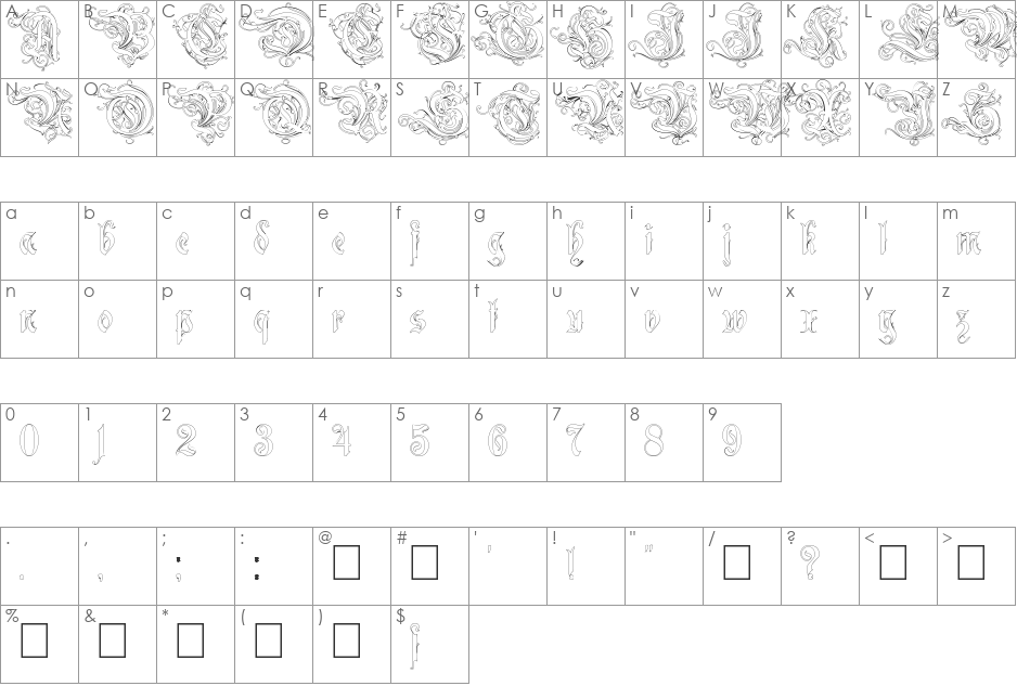 Ruritania-Outline font character map preview