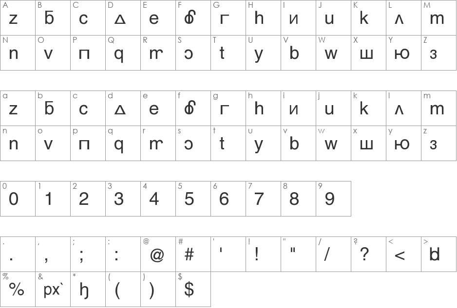 Rusnish Helvetica font character map preview