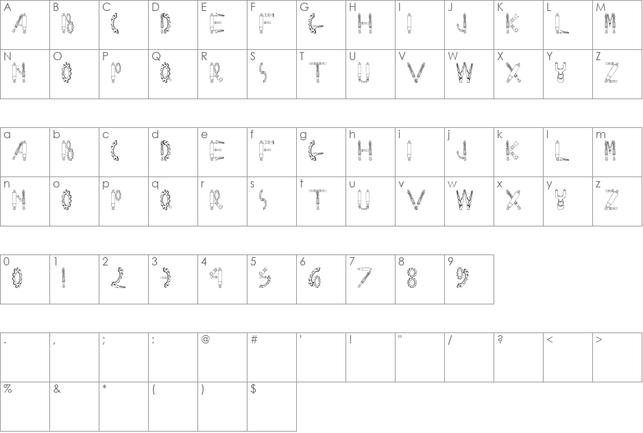 Rusted Machine AOE font character map preview