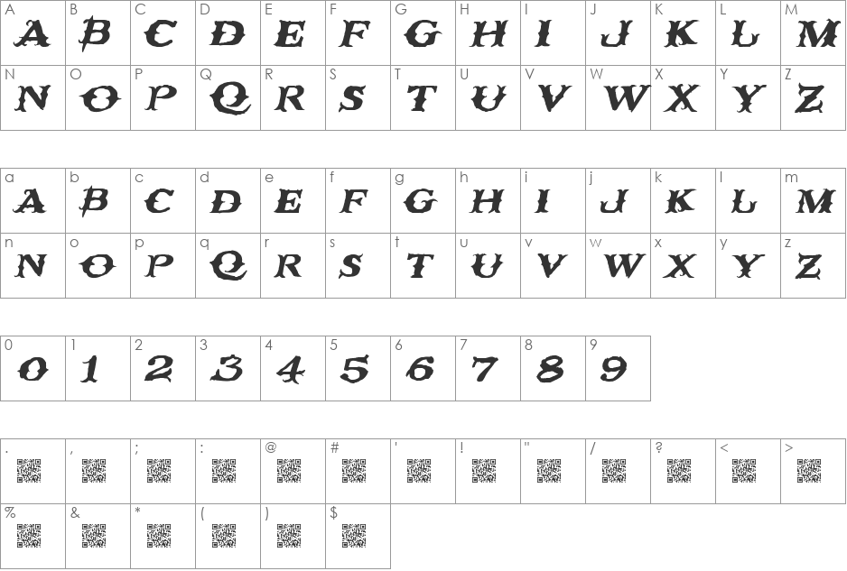 RustyNail font character map preview