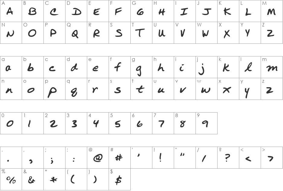 RustysHand font character map preview