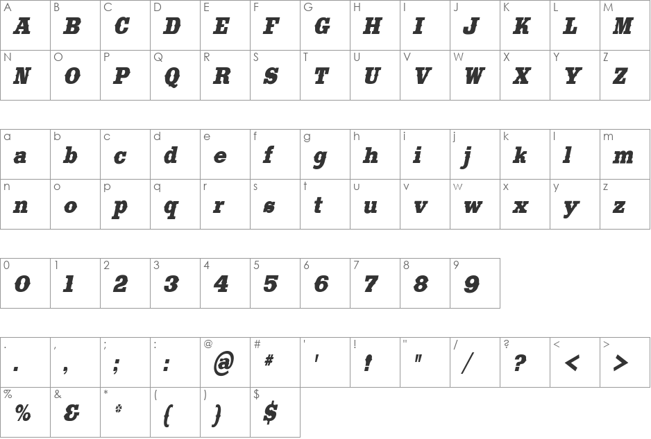 SaddlebagCondensed font character map preview