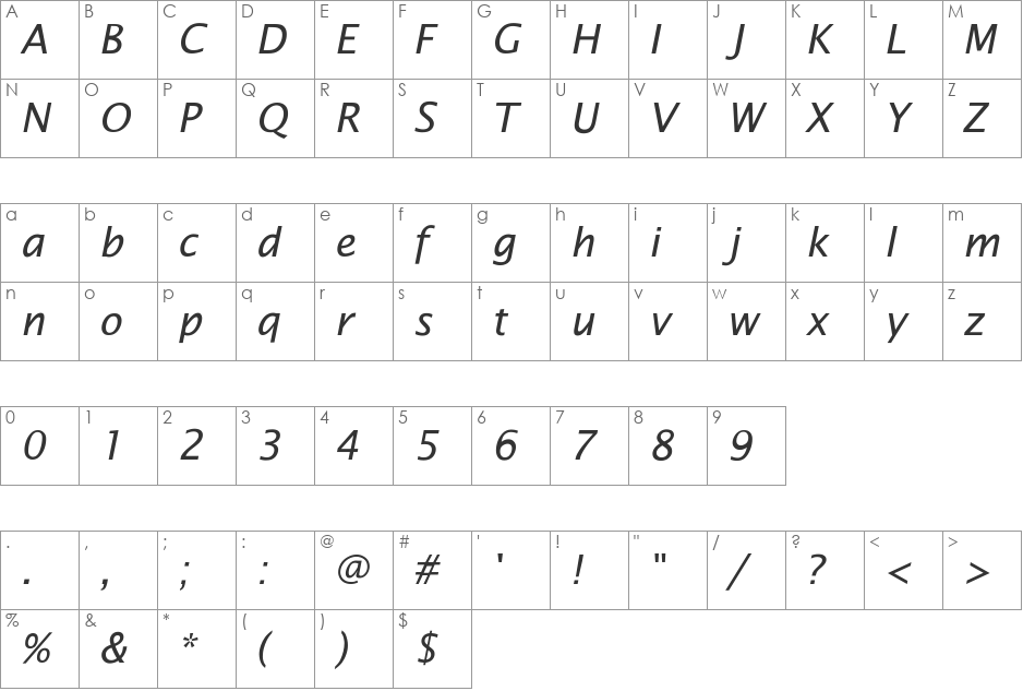 Saintgermain Sans Italic font character map preview