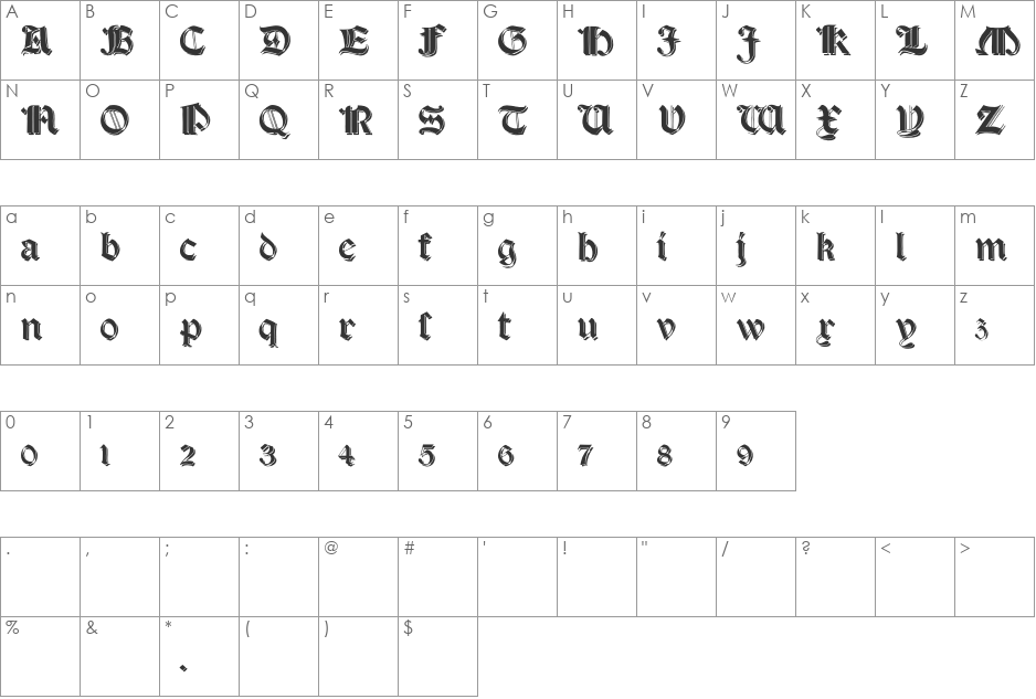 Salterio Shadow font character map preview
