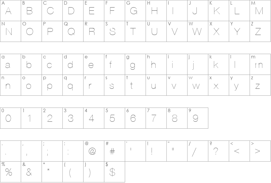 Sans Thin font character map preview