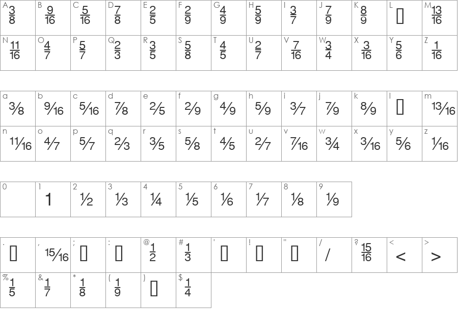 SansFractions font character map preview