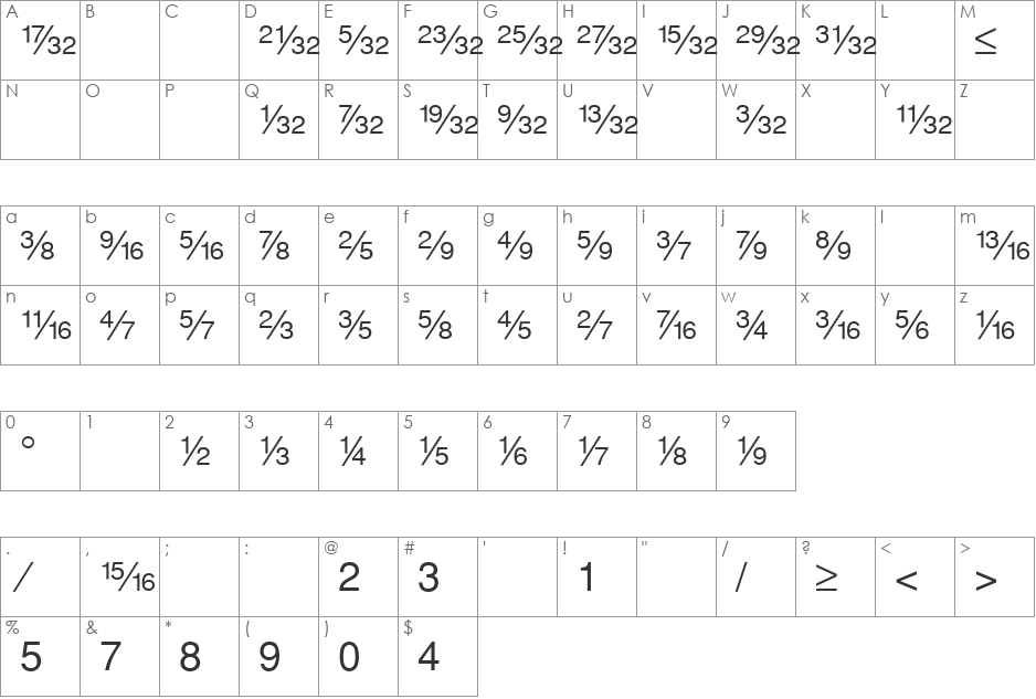 SansFractionsDiagonal font character map preview