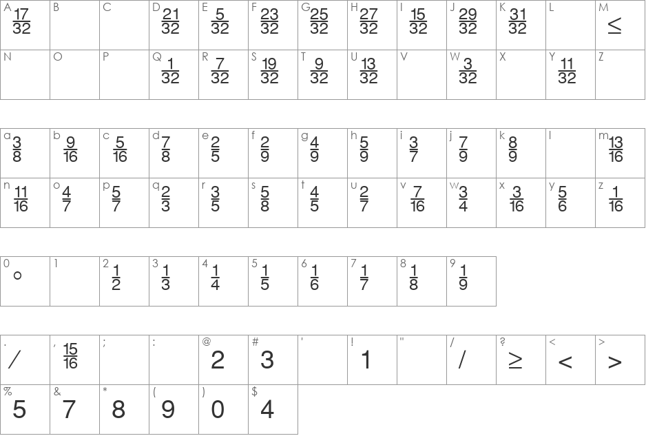 SansFractionsVertical font character map preview