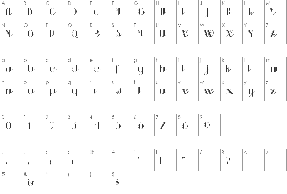 Sarsaparilla font character map preview