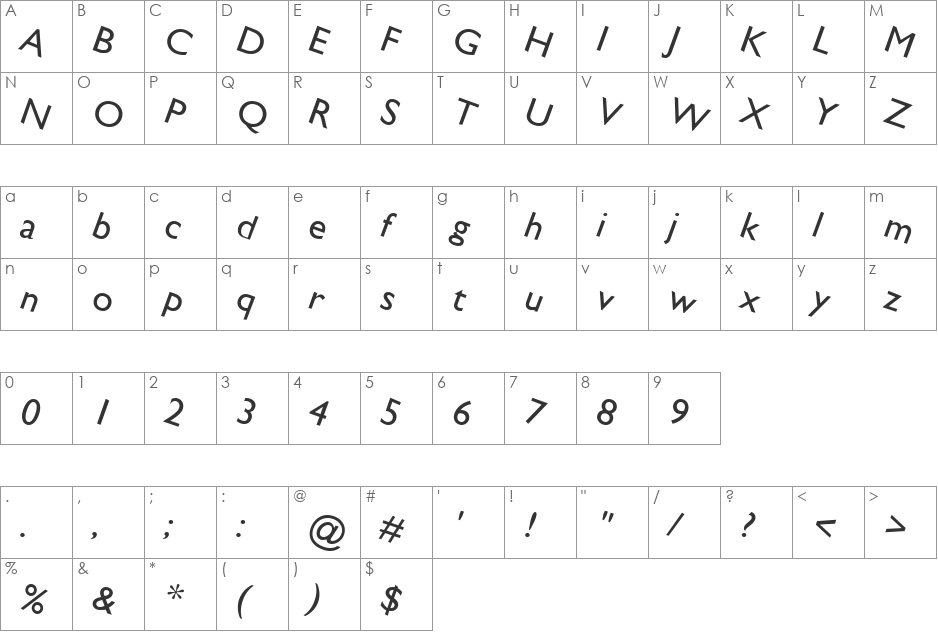 Saucy font character map preview