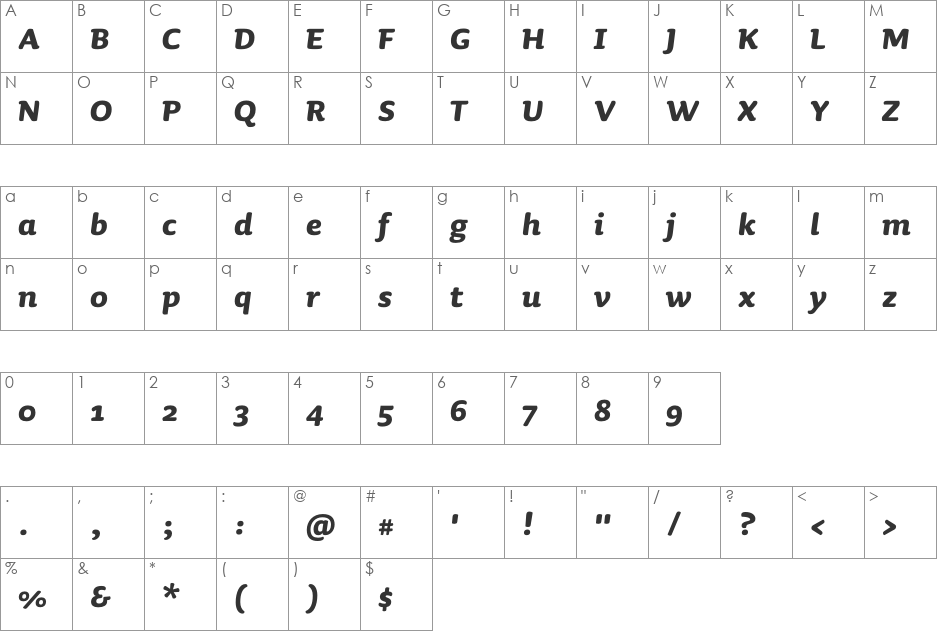 Sauna-BoldItalic font character map preview