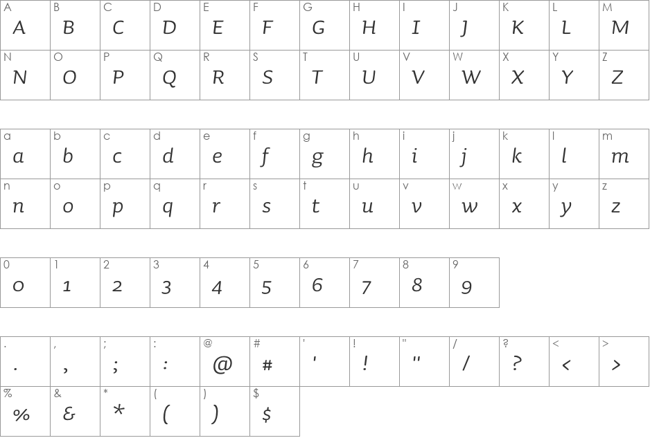 Sauna-Italic font character map preview