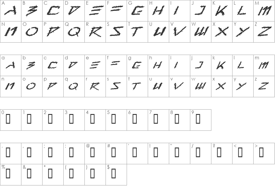 Barbed Type font character map preview