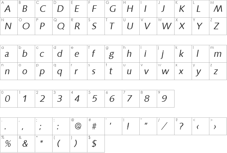 Saxony-RegularIta font character map preview