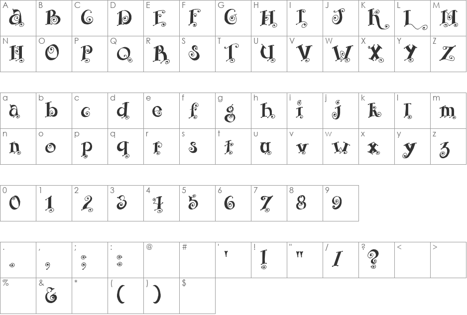 SBC Curly font character map preview