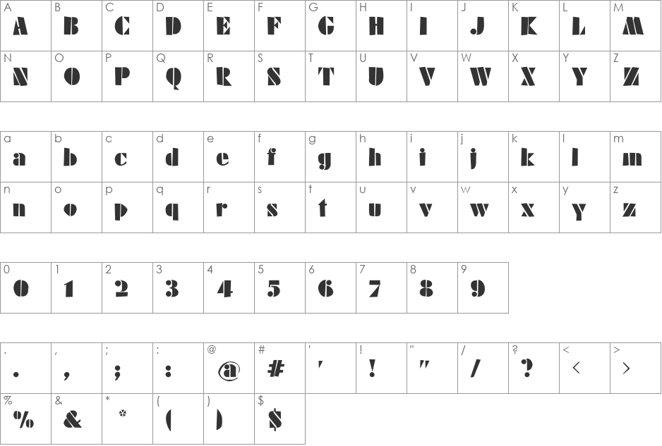 Schablonski font character map preview