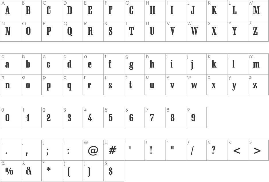 Schadow font character map preview