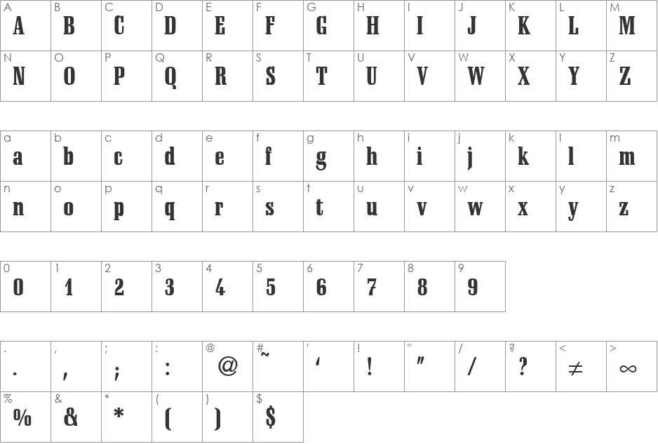 SchadowCondHeavy font character map preview