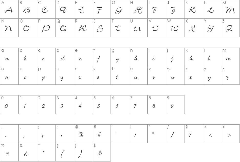 ScheherezadeCondensed font character map preview