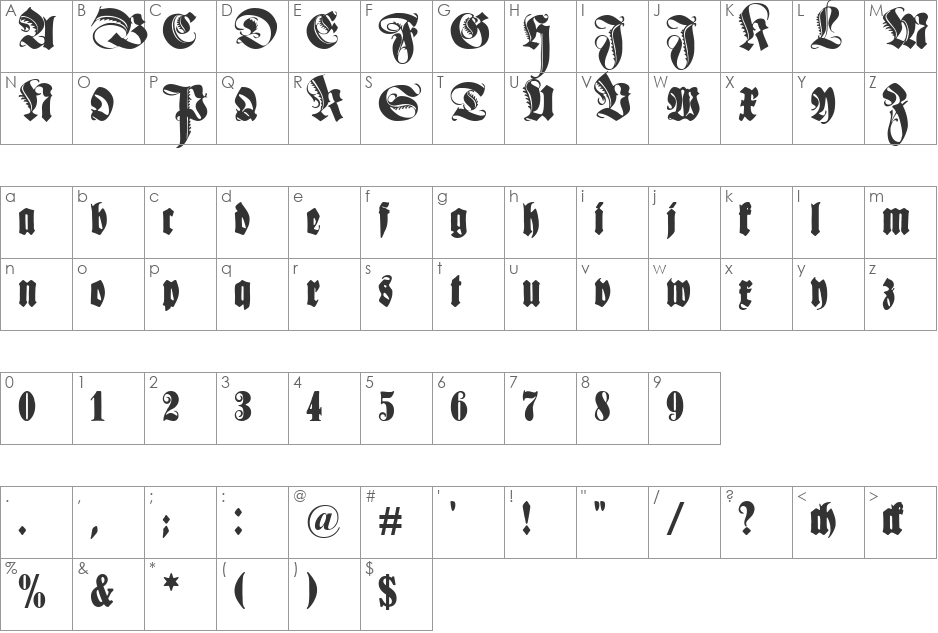 Schmale Anzeigenschrift UNZ1L font character map preview