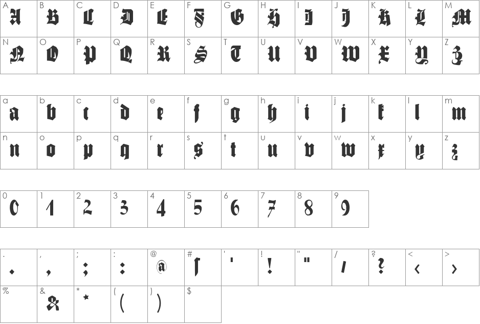 SchmalfetteGotisch font character map preview