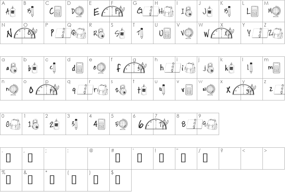 School Tools font character map preview