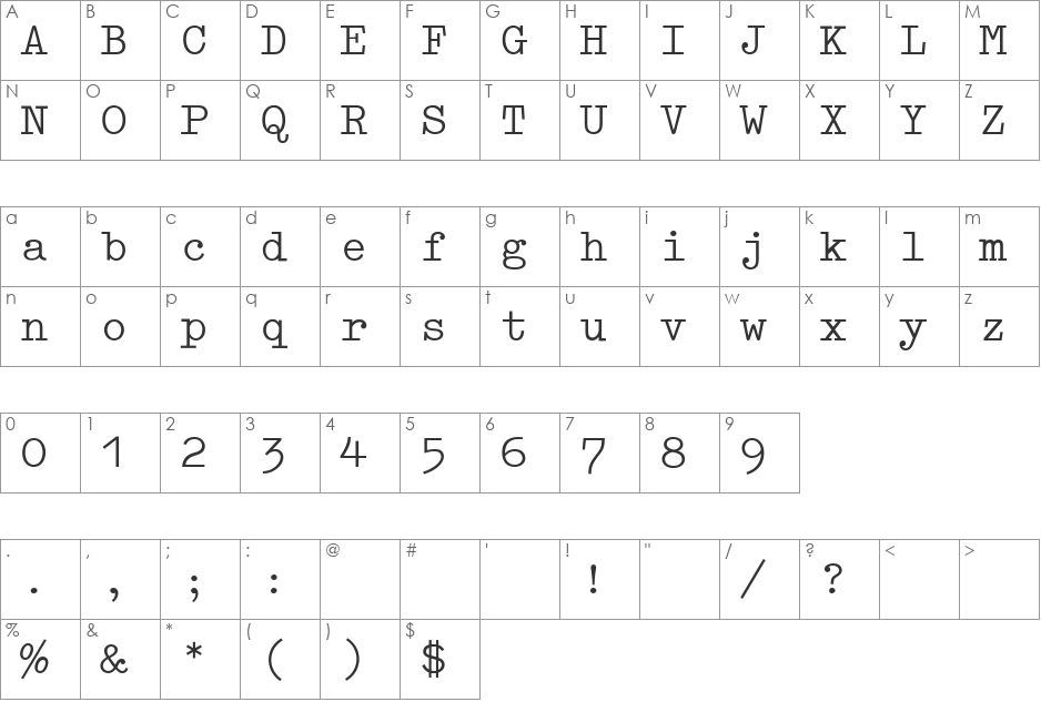 Schreibmaschinenschrift BQ font character map preview