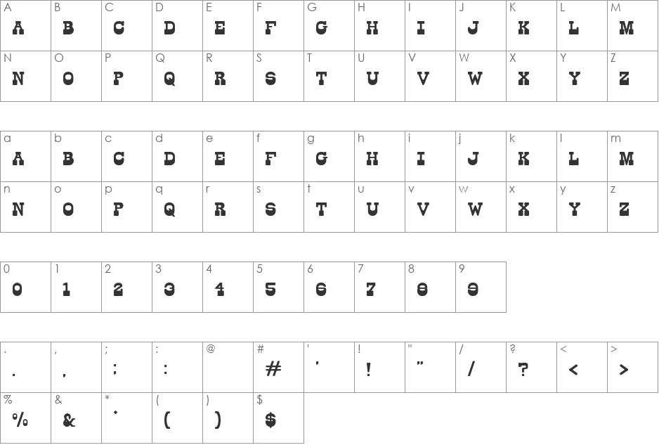 Barn font character map preview