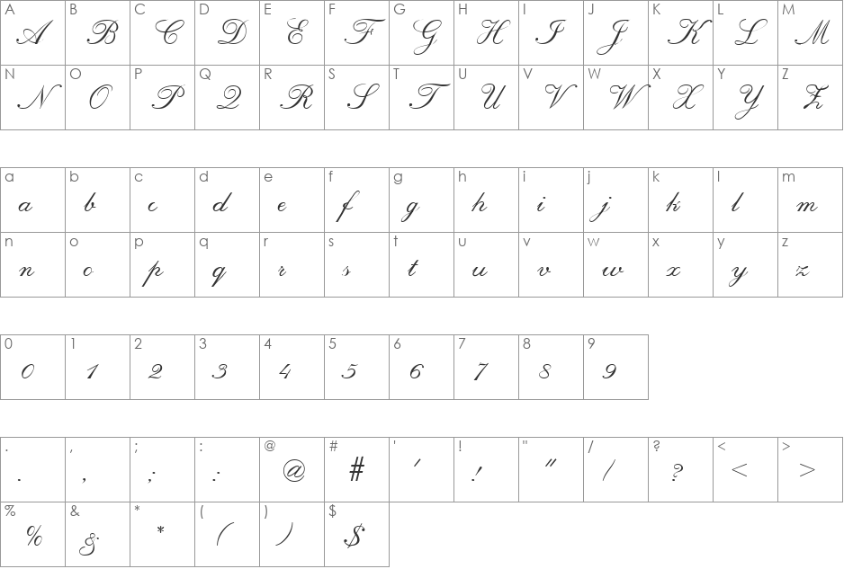Script-R690 font character map preview