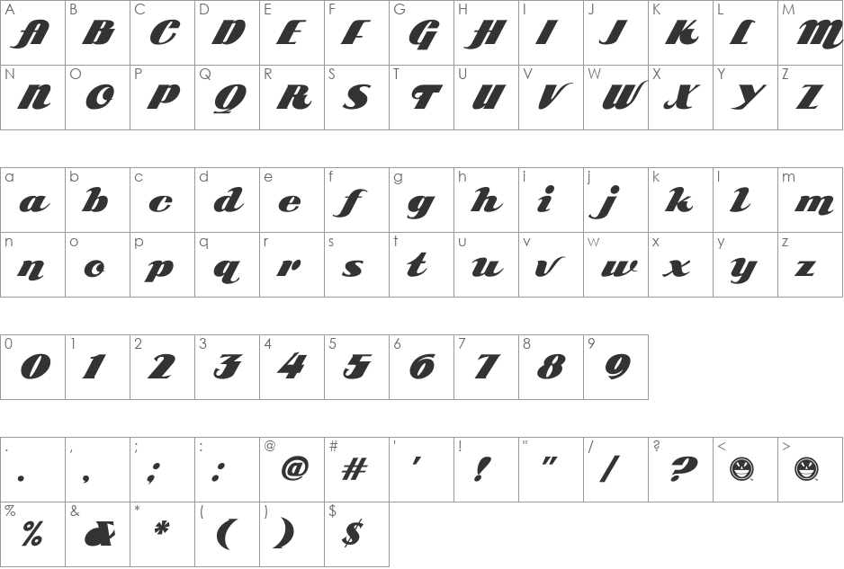 SCRIPT1 ARB-85 Poster Script font character map preview