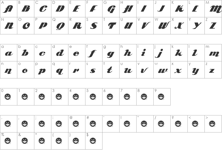 SCRIPTARB-85PosterScript font character map preview