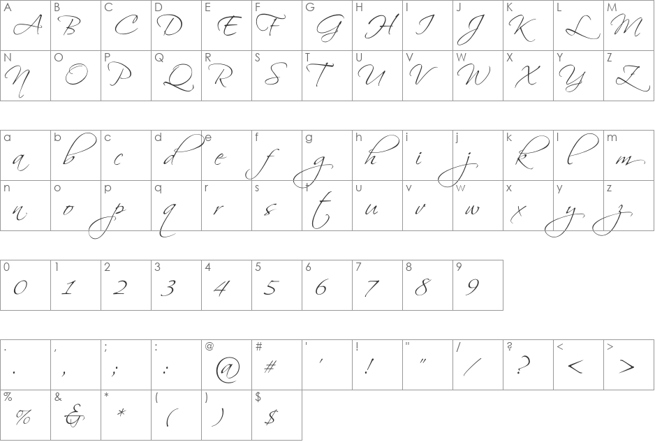 Scriptina Pro font character map preview