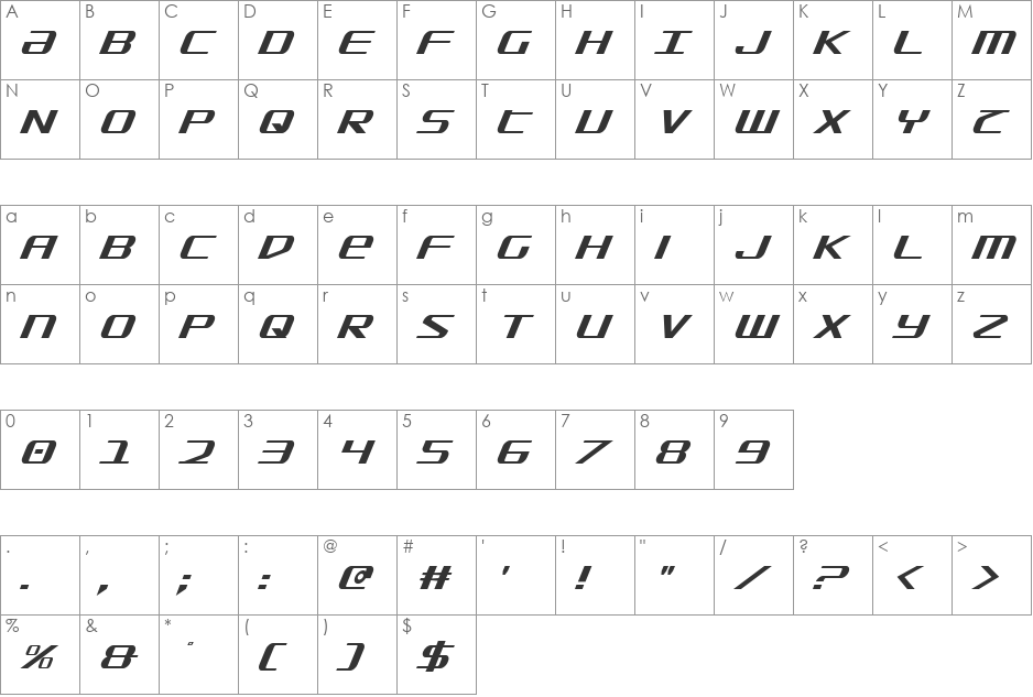 SDF Condensed Italic font character map preview