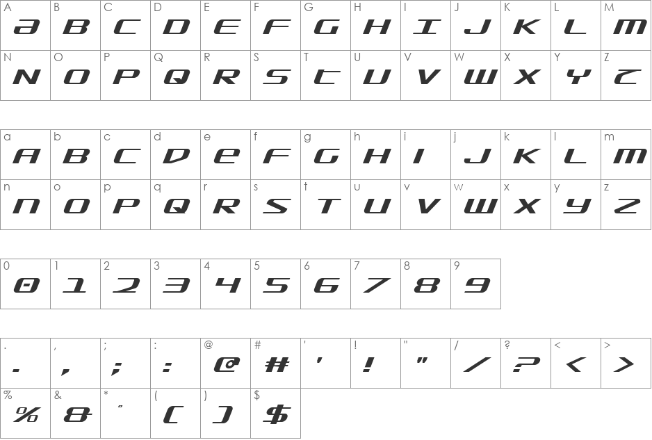 SDF Italic font character map preview