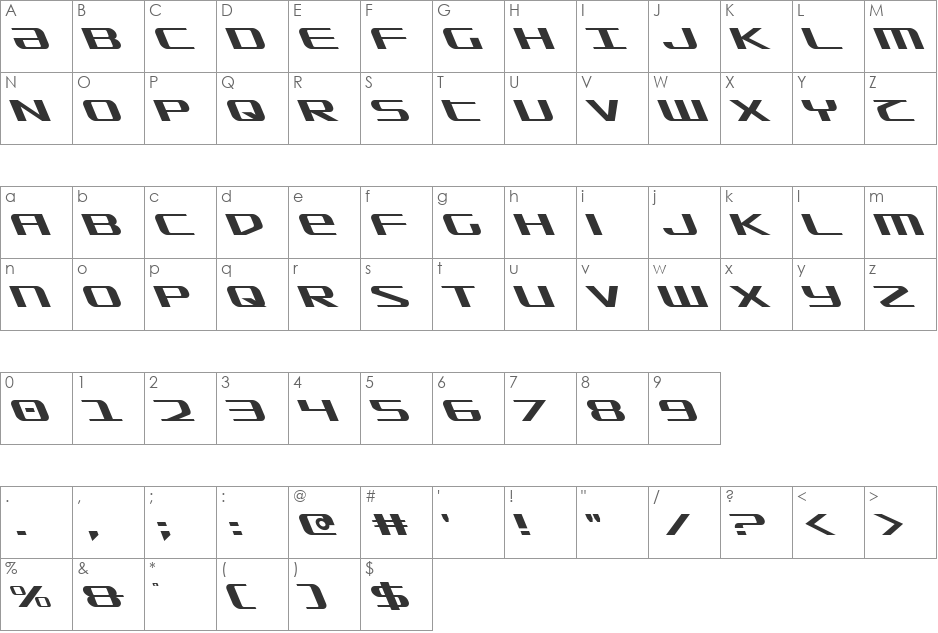 SDF Leftalic font character map preview