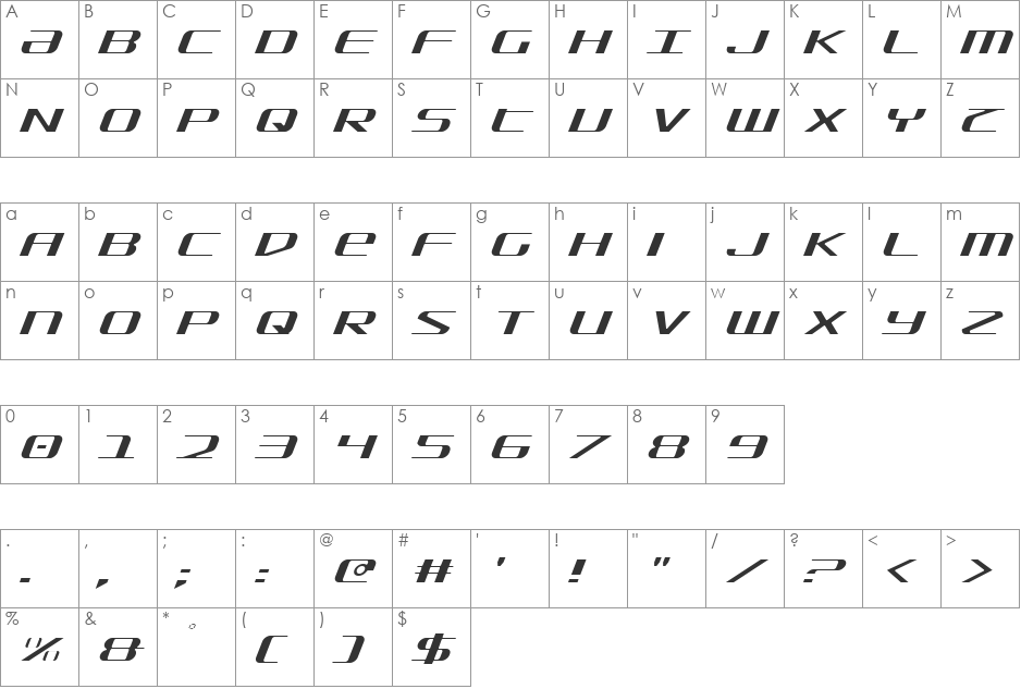 SDF Light Italic font character map preview