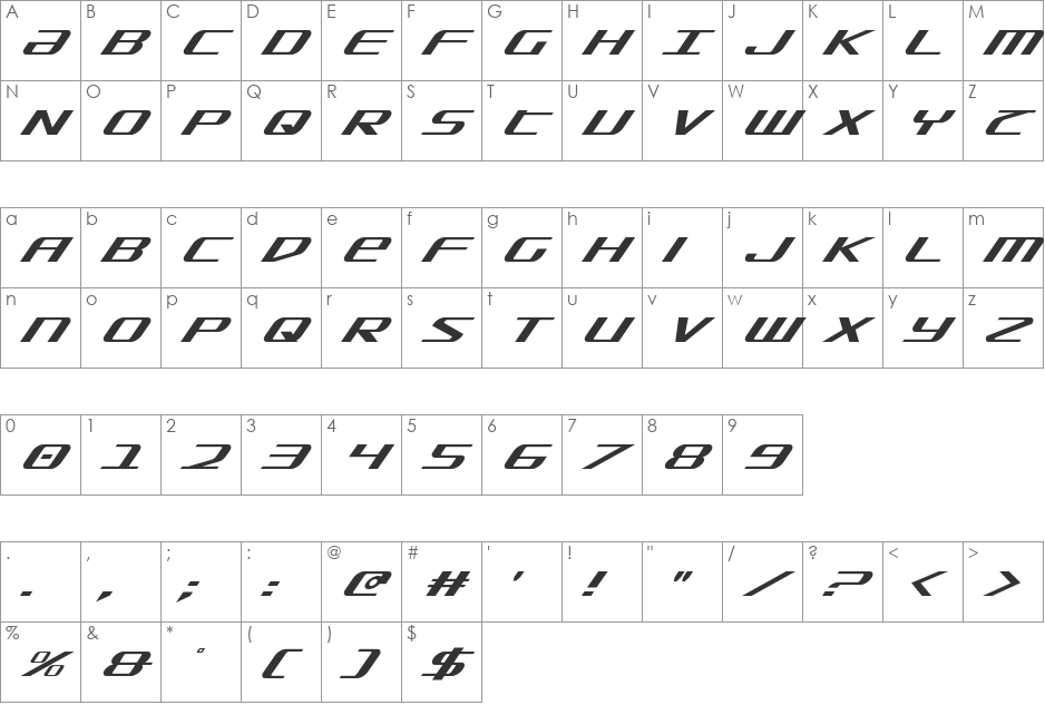 SDF Super Italic font character map preview