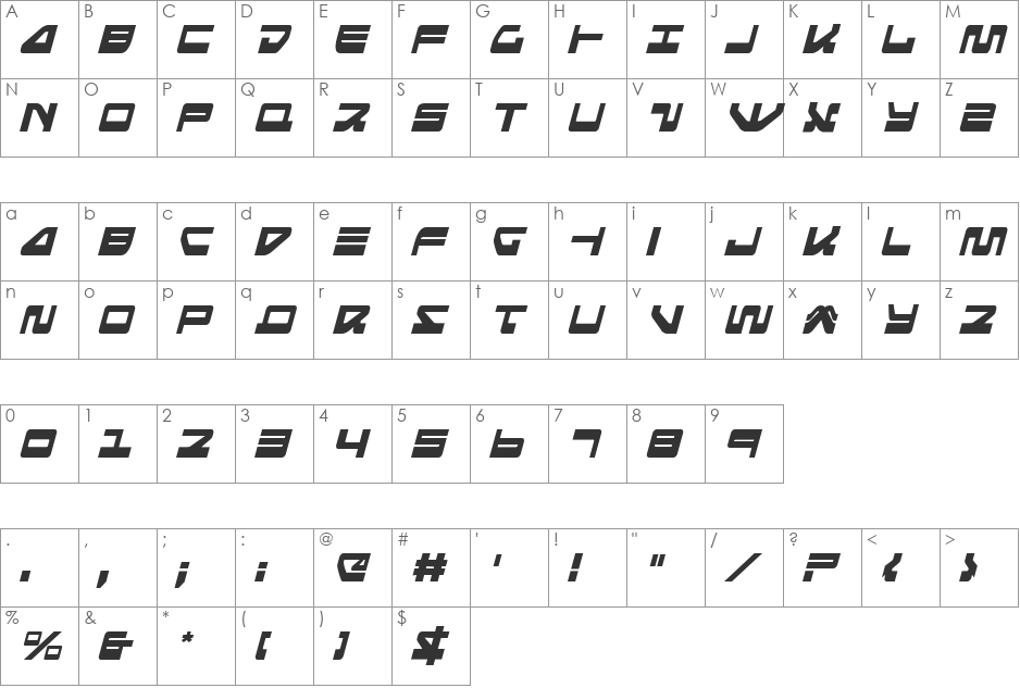 Searider Falcon Condensed Italic font character map preview